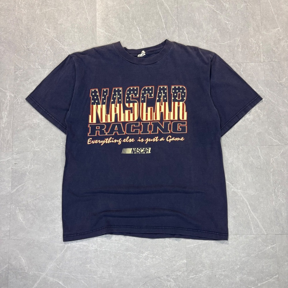 Vintage 1996 NASCAR Racing Schedule T-Shirt Mens XL Navy Blue Champ Graphic Tee